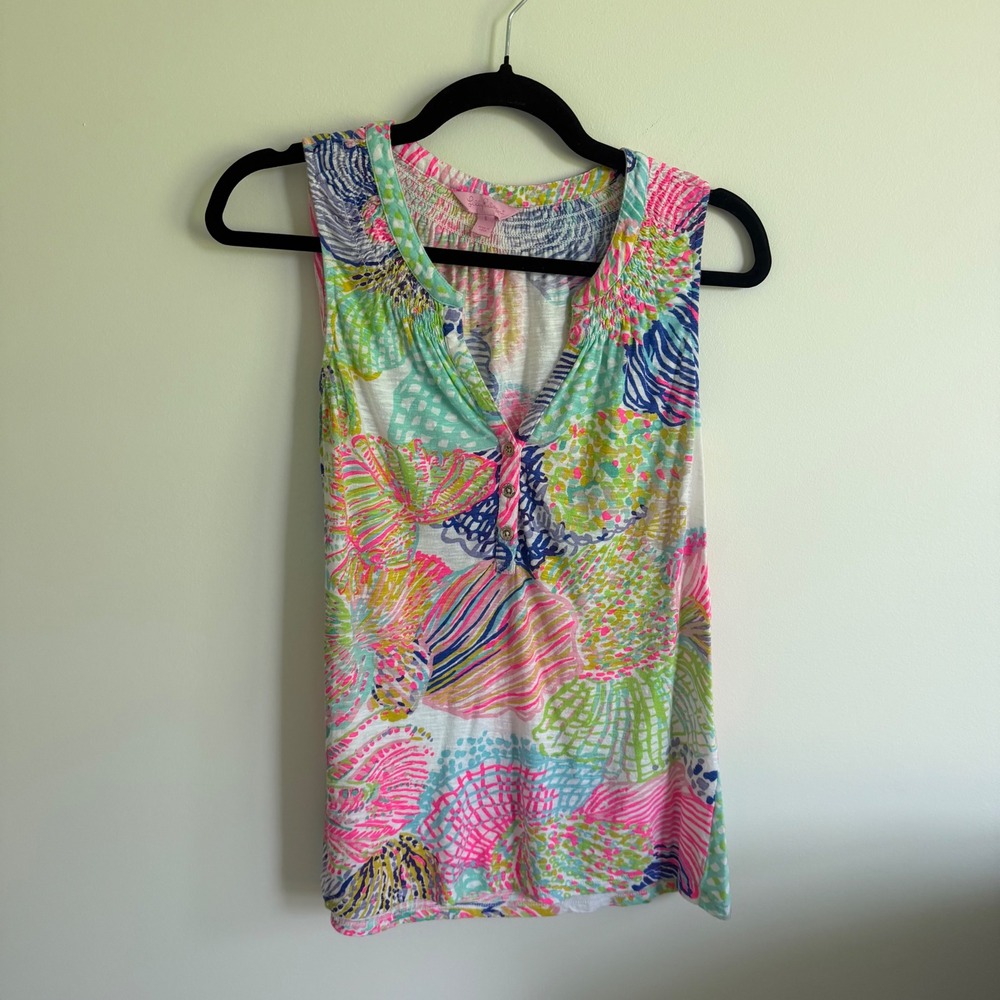 Lilly Pulitzer Womens Small Sleeveless Shell Print Cotton Smocked Top